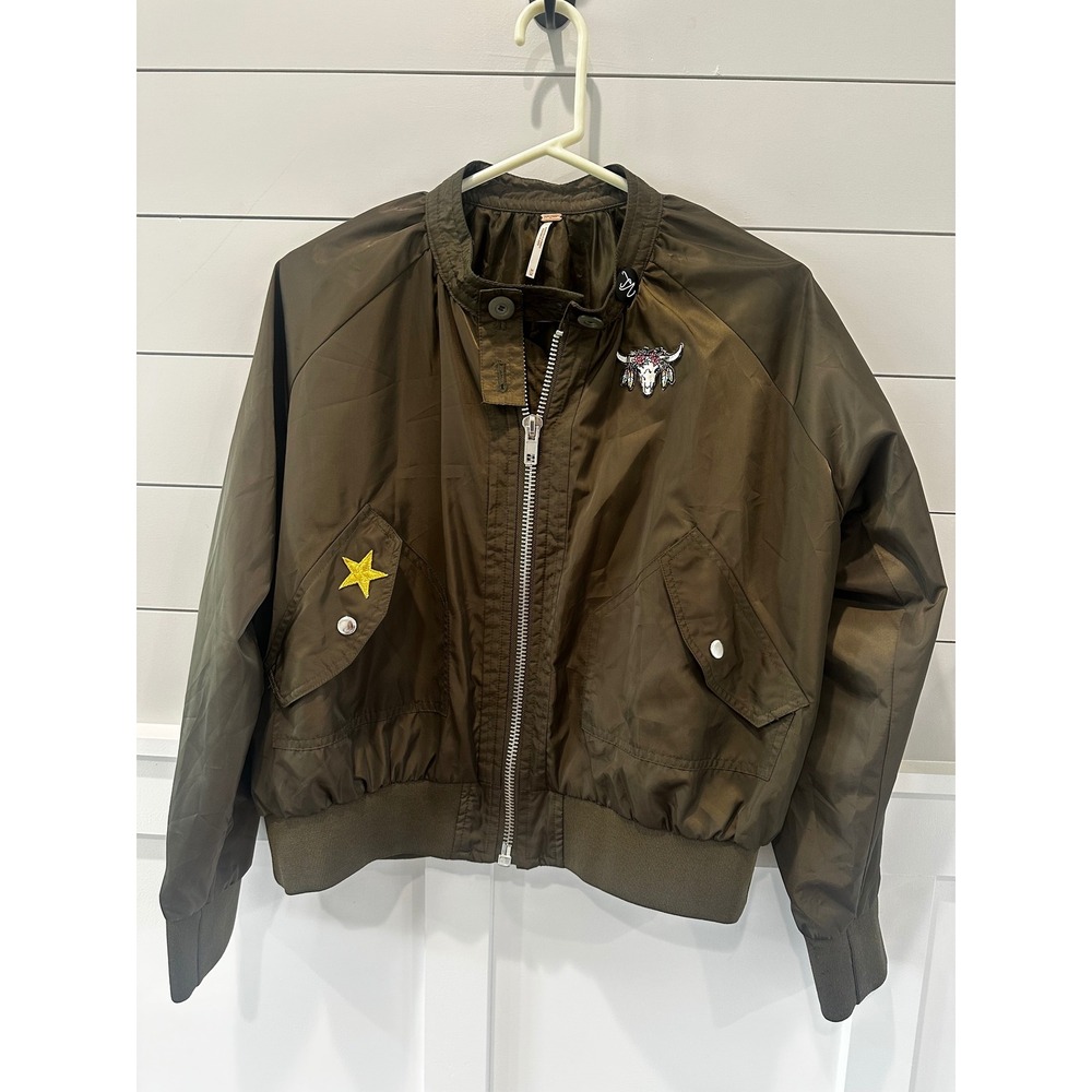 Free People Olive Green Bomber Jacket Embroidered Patches‎ Star Skull Medium